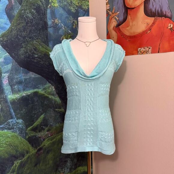 y2k aqua knit cowl neck cap sleeve top stretchy coquette style - Picture 6 of 6